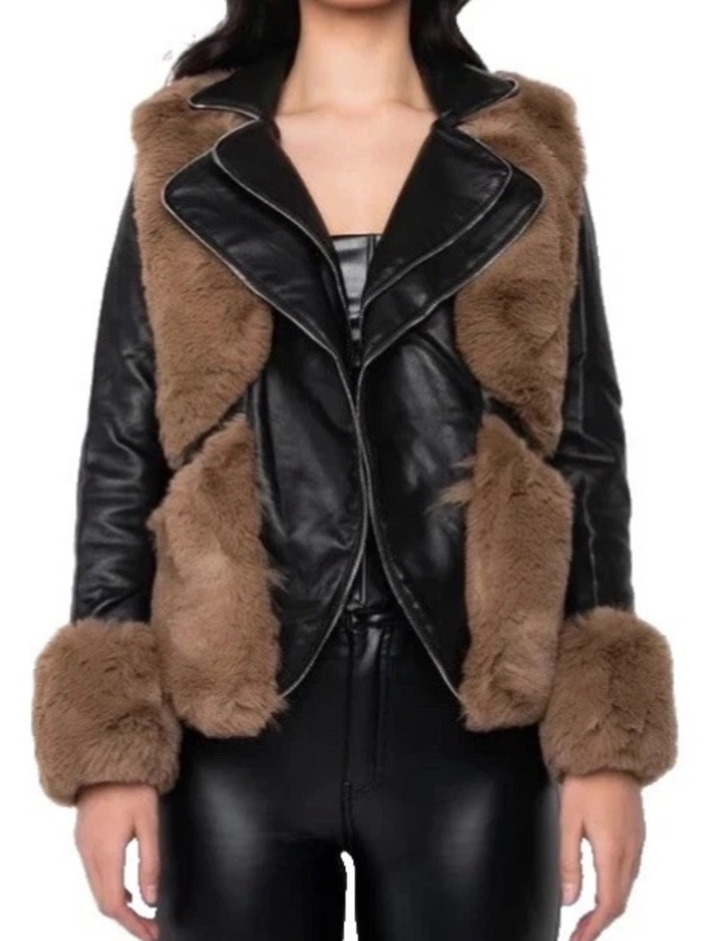 NWOT AZALEA WANG Small Orion Lolli Moto Jacket Coat Faux Black Leather Brown Fur